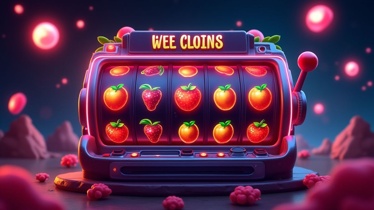 A futuristic slot machine with bright fruits and dynamic effects.