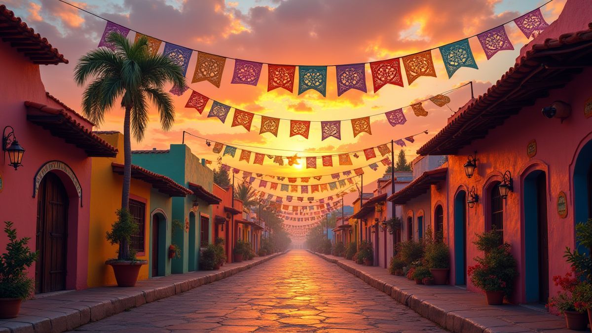 A Mexican village decorated for a party with vibrant colors.