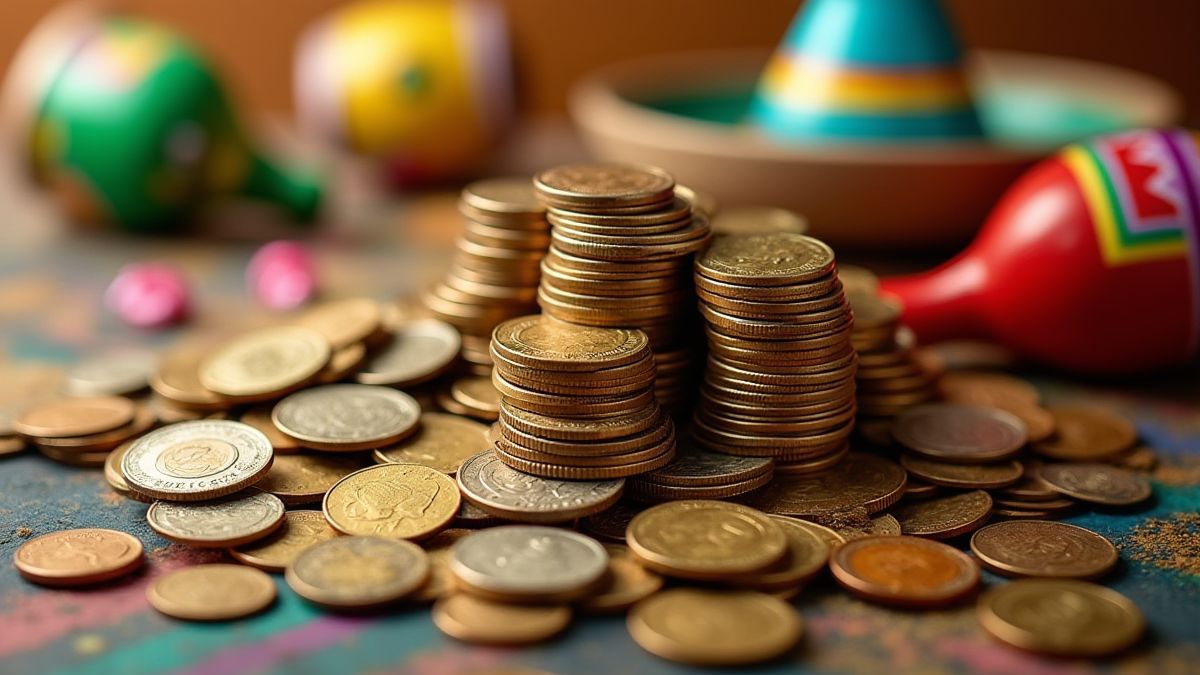 A pile of coins next to Mexican items like maracas and sombreros.