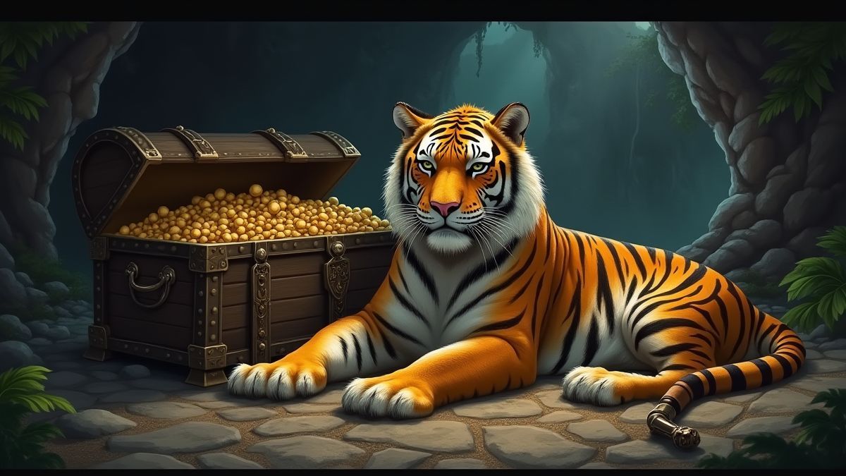 Espada e tigre dourado sobre um cofre do tesouro em uma caverna mágica.