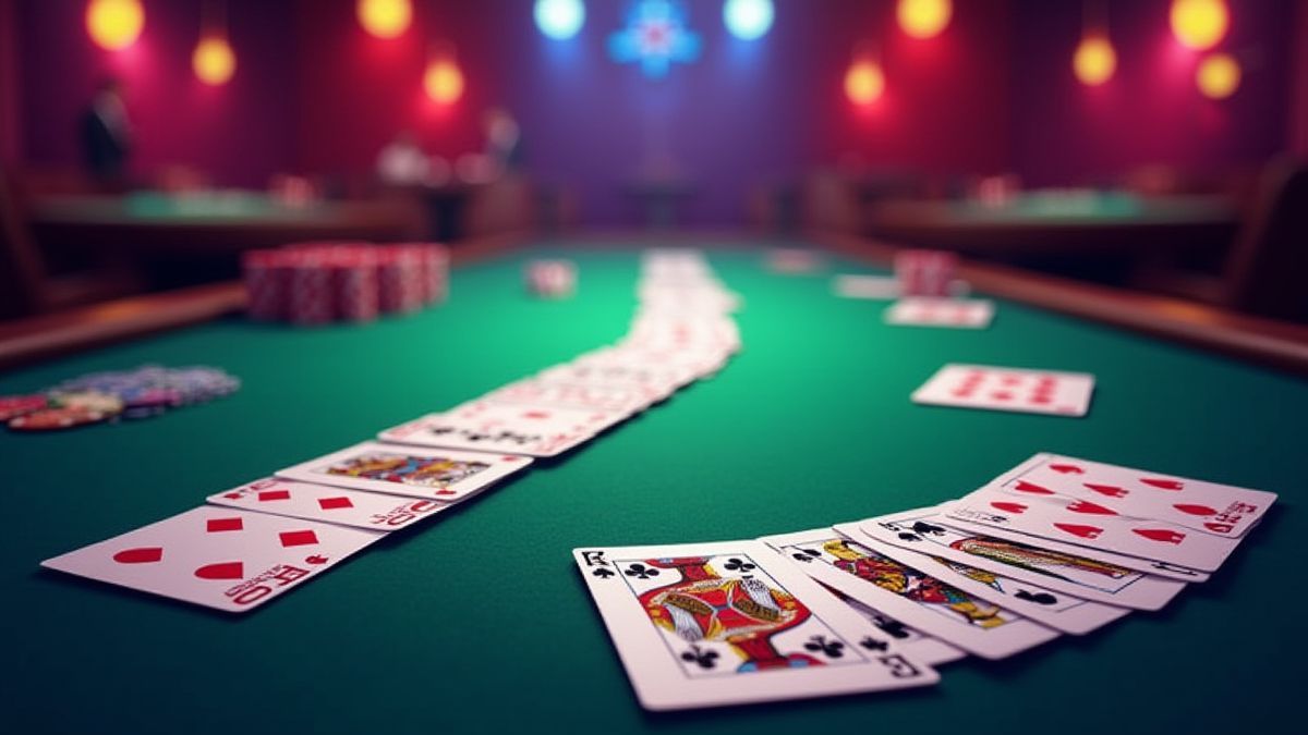 Mesa de poker com múltiplas mãos de cartas em um cassino.
