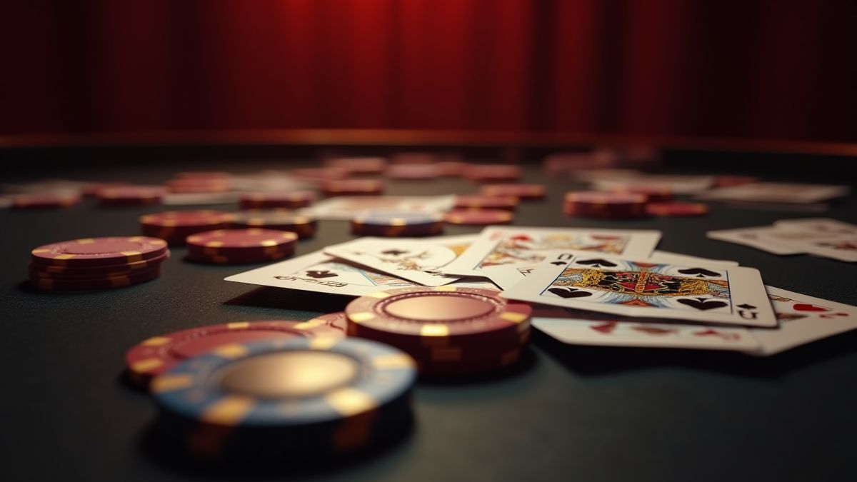 Cena animada de cassino com cartas e fichas sobre uma mesa.