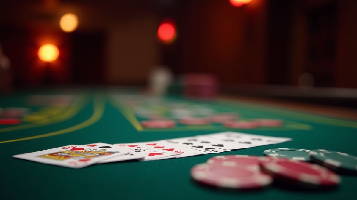 Cartes de poker et jetons sur une table de casino élégante.