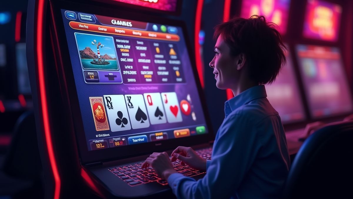 Joueur profitant d'un jeu de vidéo poker sur un écran moderne.