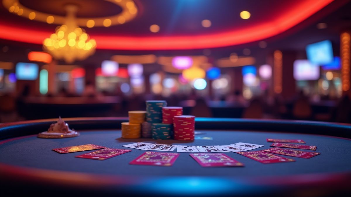 Uma mesa de pôquer com fichas coloridas e cartas sob uma iluminação vibrante de cassino.