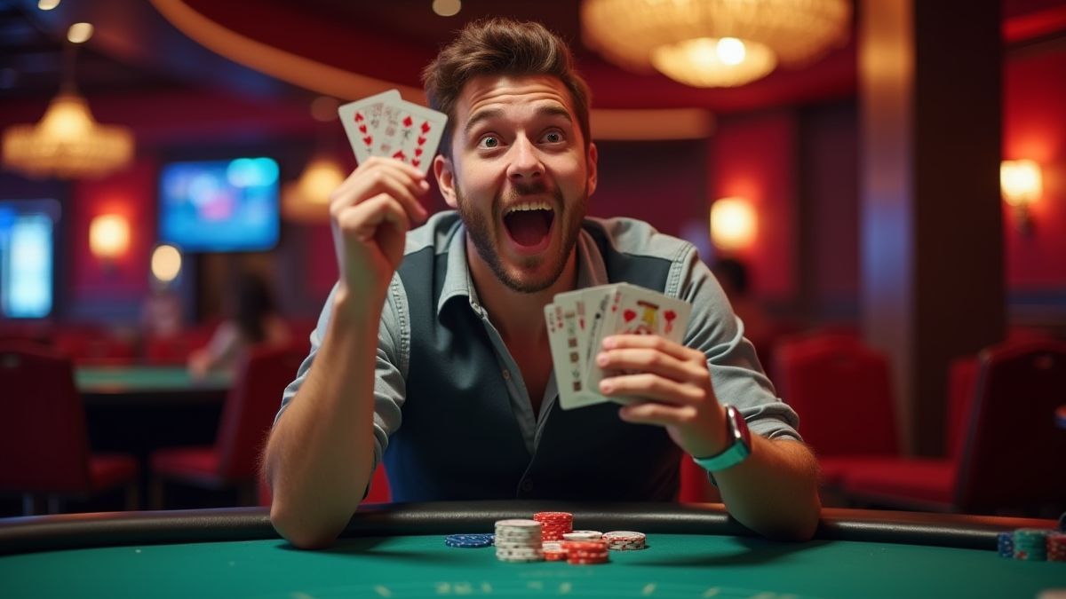 Um jogador emocionado segurando cartas de pôquer em um ambiente de cassino elegante.