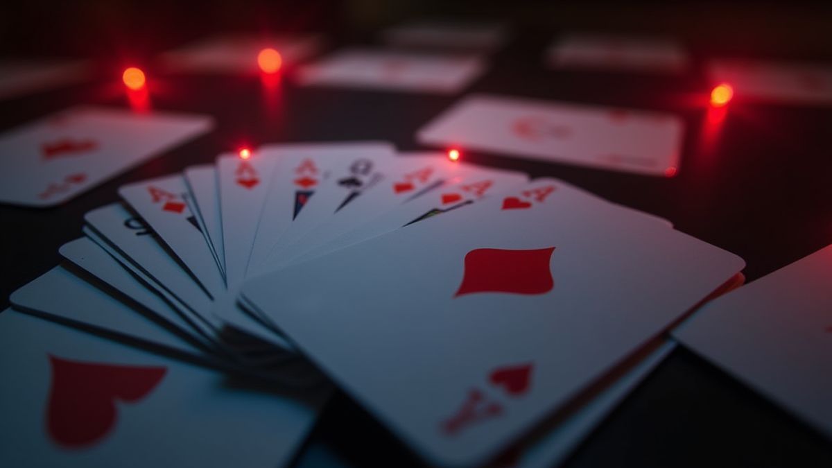 Baraja de cartas animadas com ases e caras sob luces de casino.
