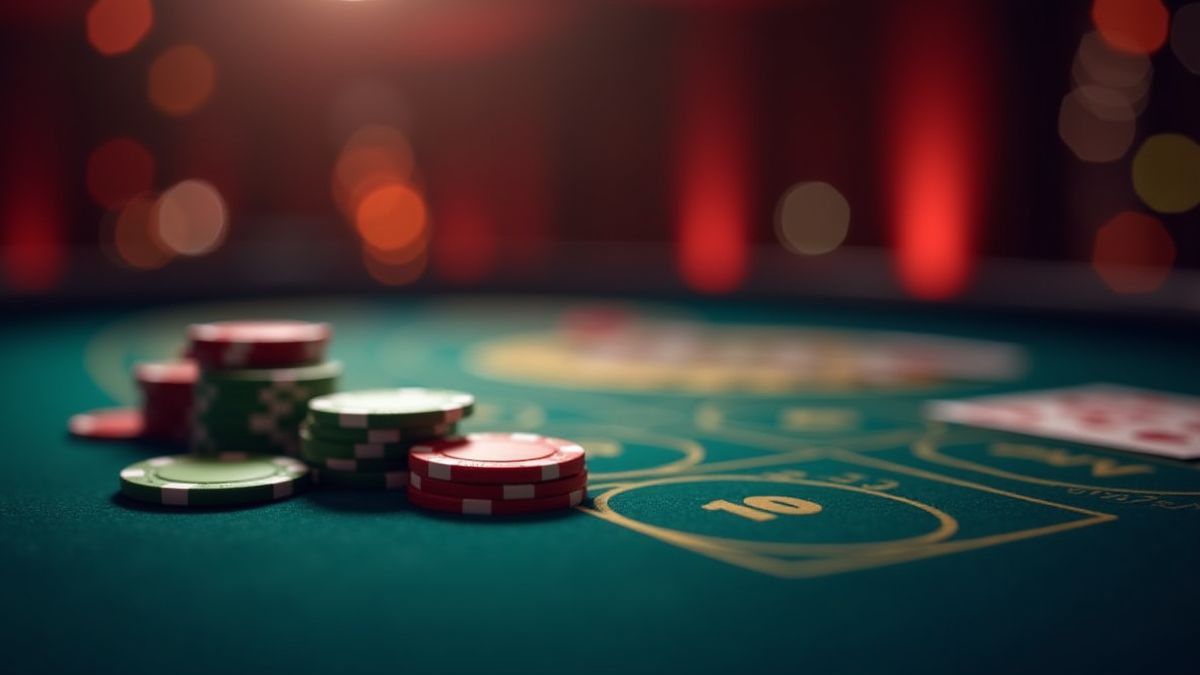 Mesa de casino animada com fichas e cartas brilhando suavemente.
