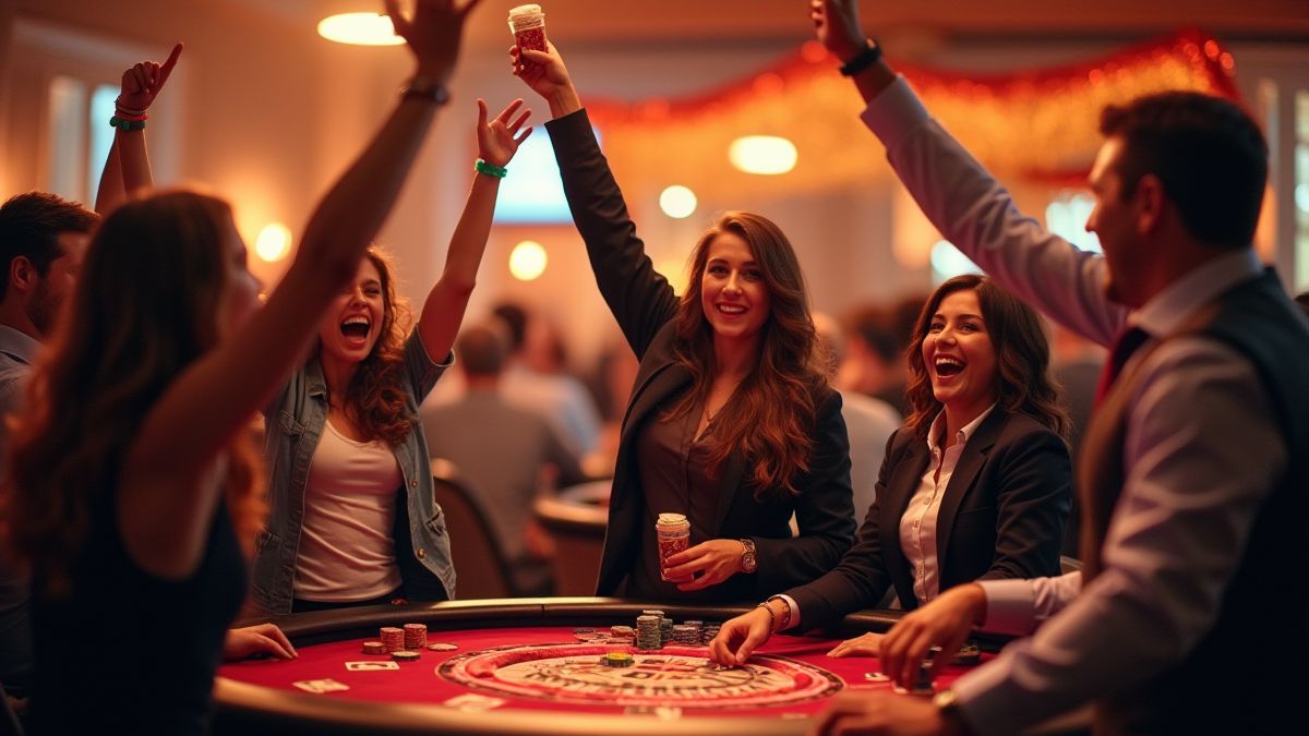 Ambiance animée de casino avec des joueurs célébrant.