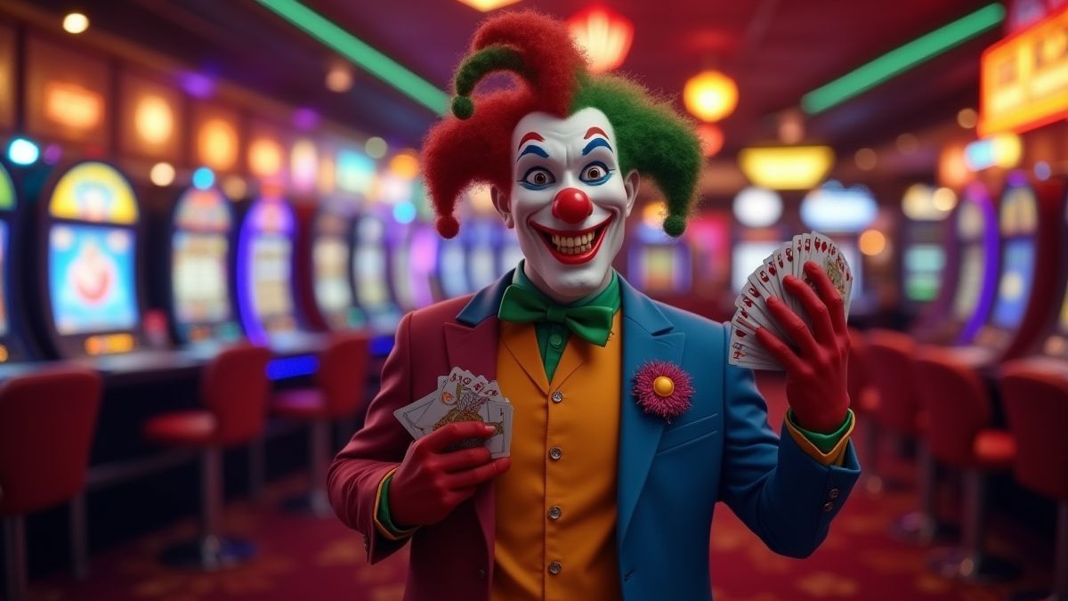 Een vrolijke joker met kaarten in een levendig casino.
