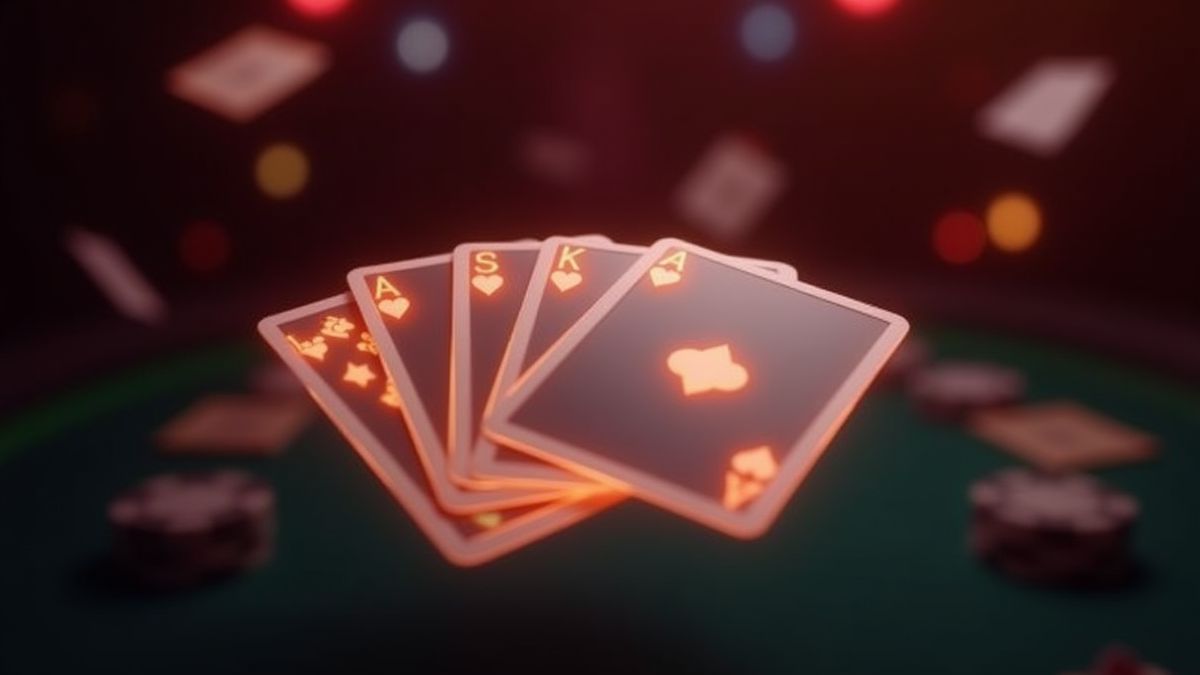 Een stralend kaartspel dat pokercombinaties toont.
