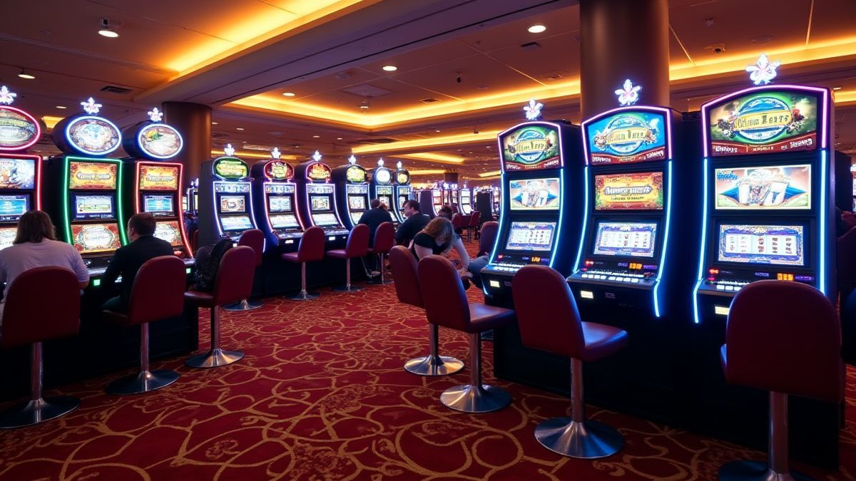 Een levendig casino met spelers die genieten van poker-thema slotmachines.