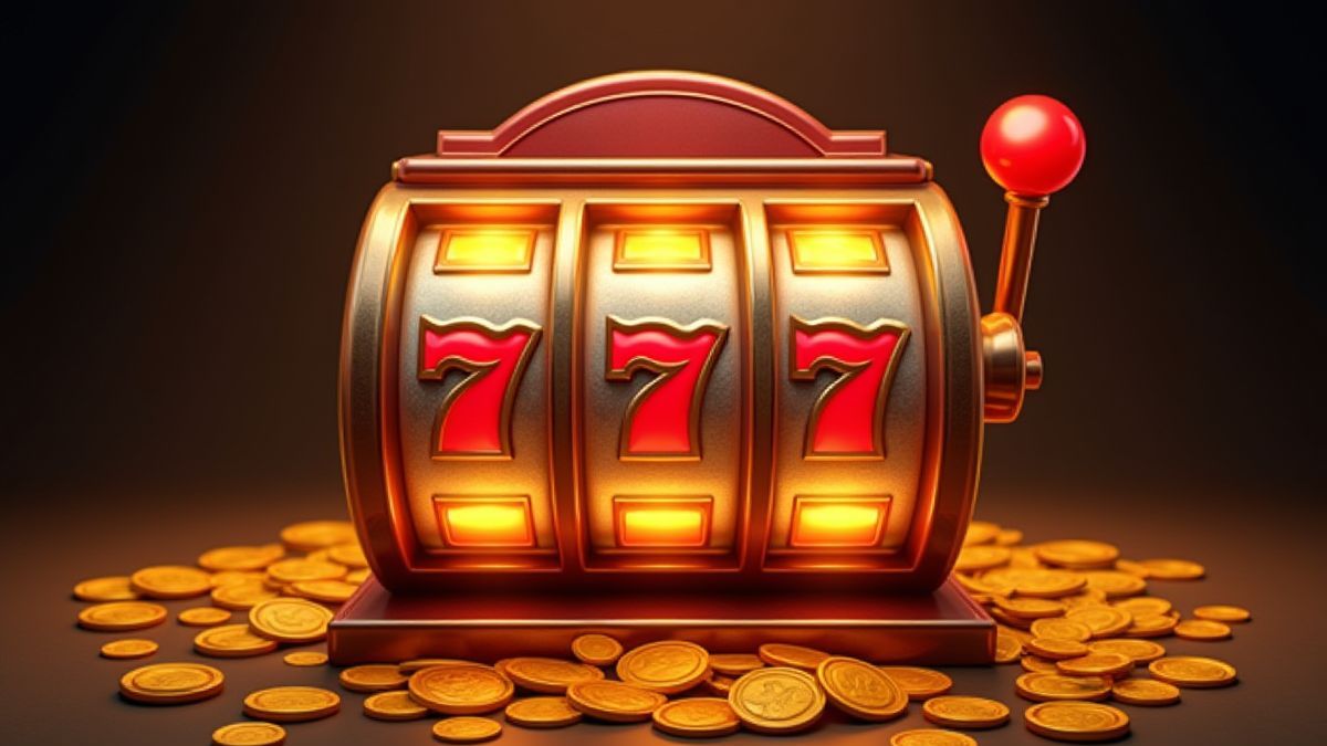 Retro slot machine with bright lights and gold coins.