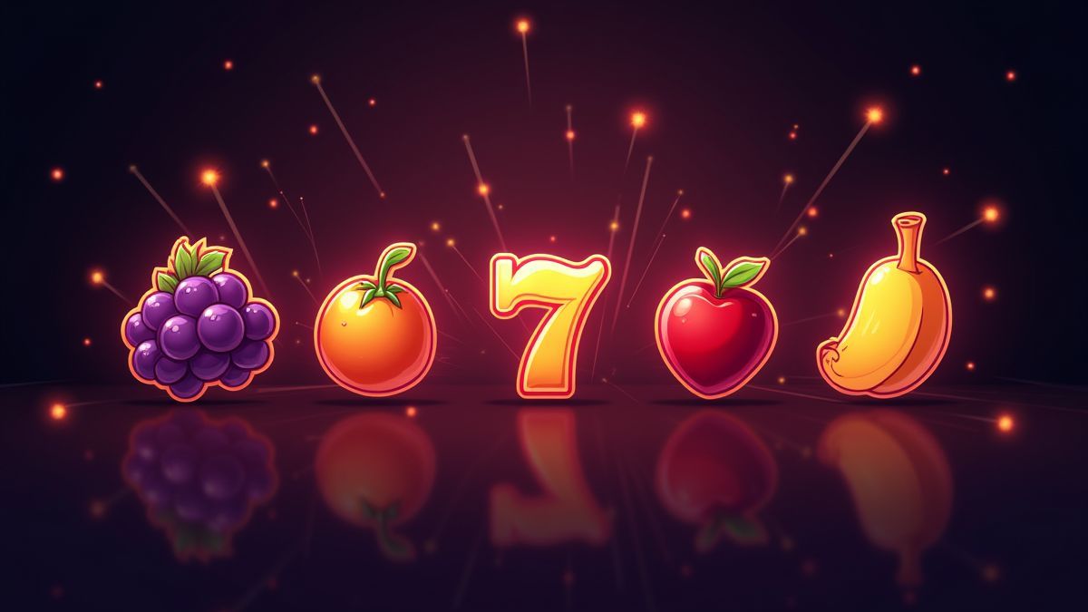 Illustration of slot icons like fruits and numbers glowing on a dark background.