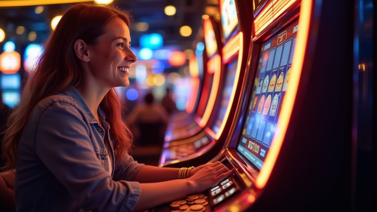 Player enjoying a slot machine with bright lights and coins falling.