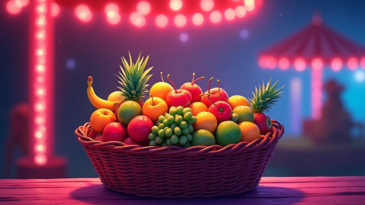 Cesta de frutas vibrantes bajo luces de carnaval.