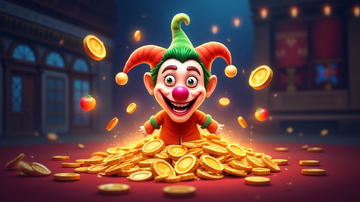 Joker brillante rodeado de monedas y frutas.