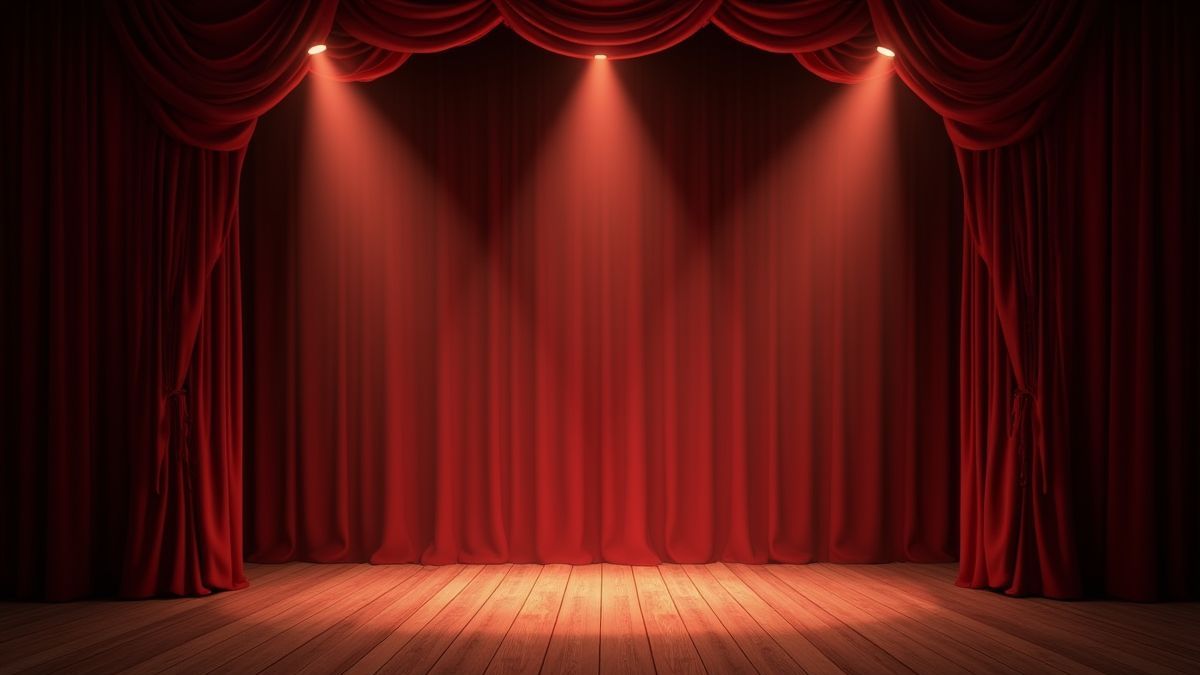 Escenario de teatro vintage con luces brillantes y cortinas de terciopelo.