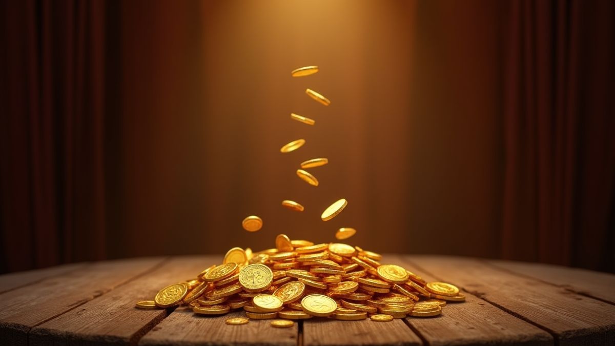 Monedas doradas cayendo sobre un escenario de madera vintage.