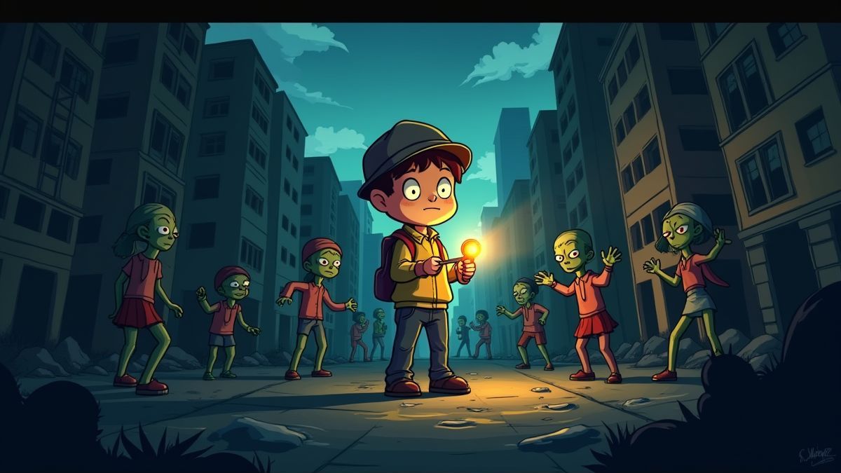 Ein Überlebender, der Zombis in einer verlassenen Stadt mit einer Taschenlampe beleuchtet.