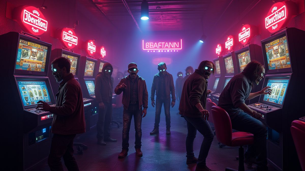 Zombis, die sich um beleuchtete Spielautomaten herum vergnügen.