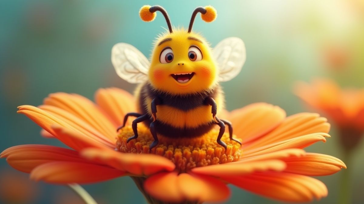 Abeja de estilo animado posada sobre una flor.