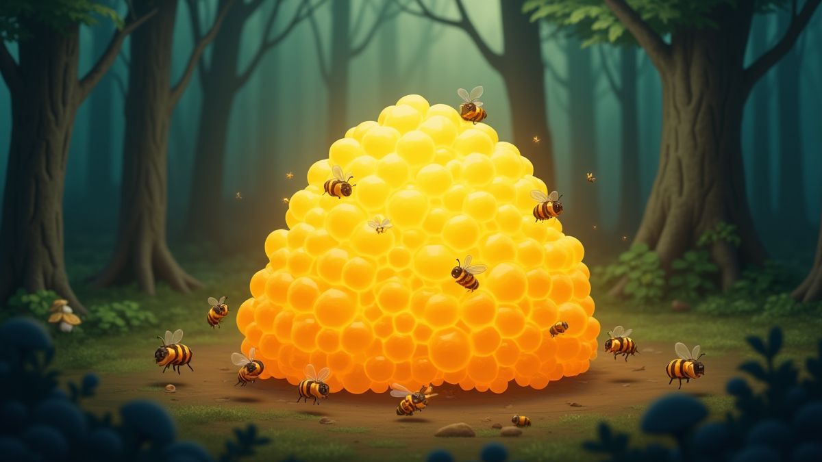 Panal resplandeciente rodeado de abejas en un bosque animado.