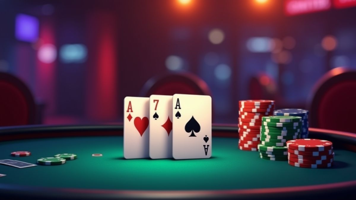 Animierter Pokertisch mit Karten und Chips in einem lebhaften Casino.