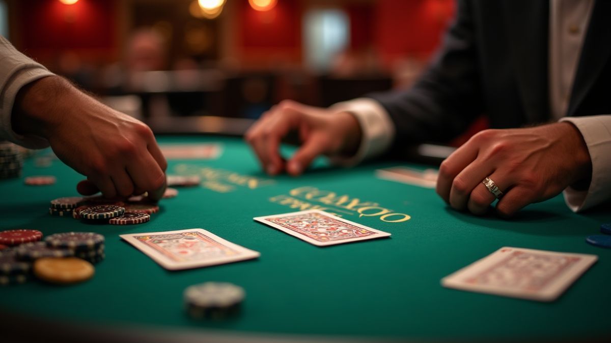 Mesa de pôquer com fichas e cartas em um cassino animado.