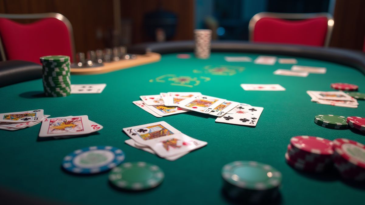 Solitaire style card table with colorful chips and cards.