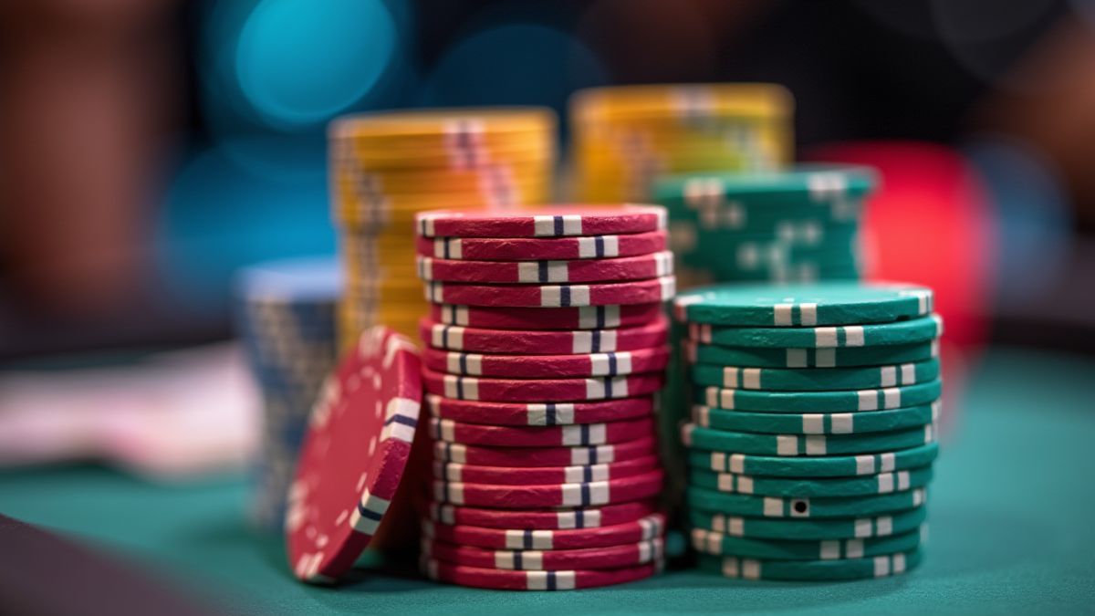 Colorful casino chips stacked on a table.