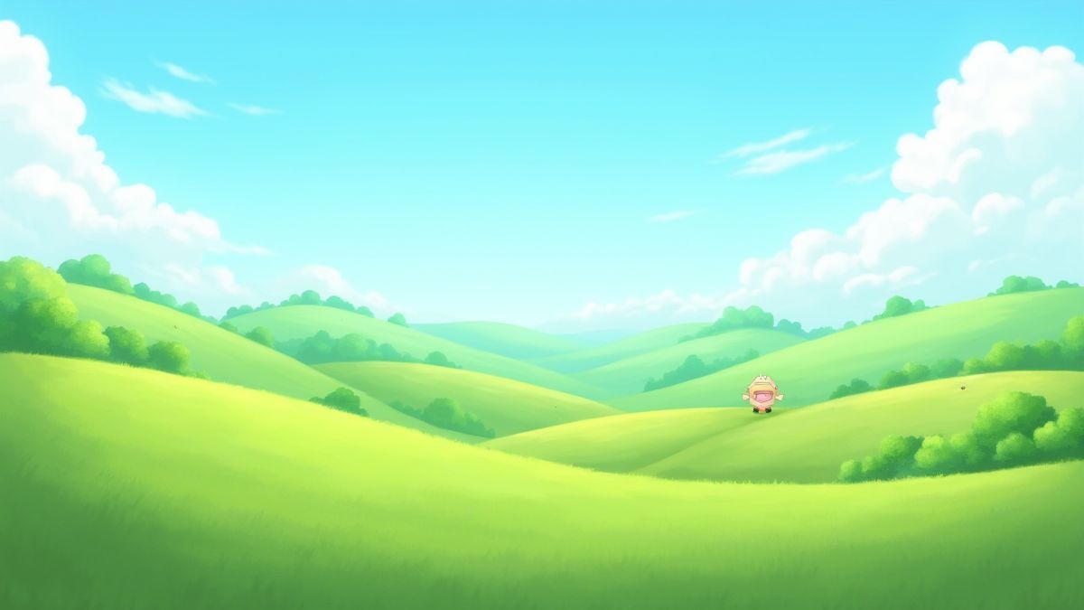 Een vrolijk landschap met groene heuvels en blauwe luchten.