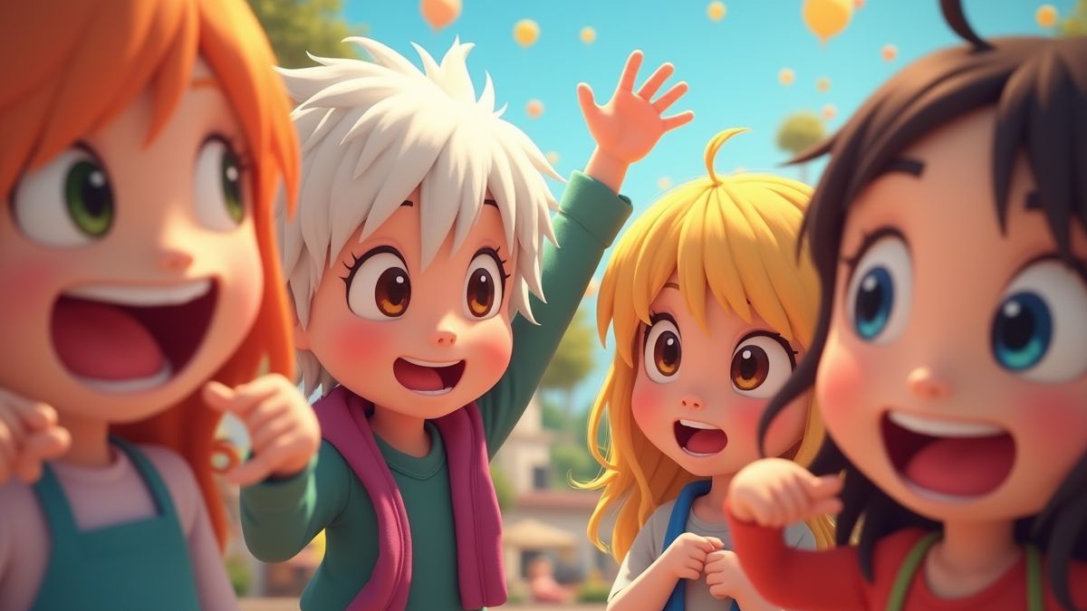 Geanimeerde personages die vieren in een kleurrijke omgeving.