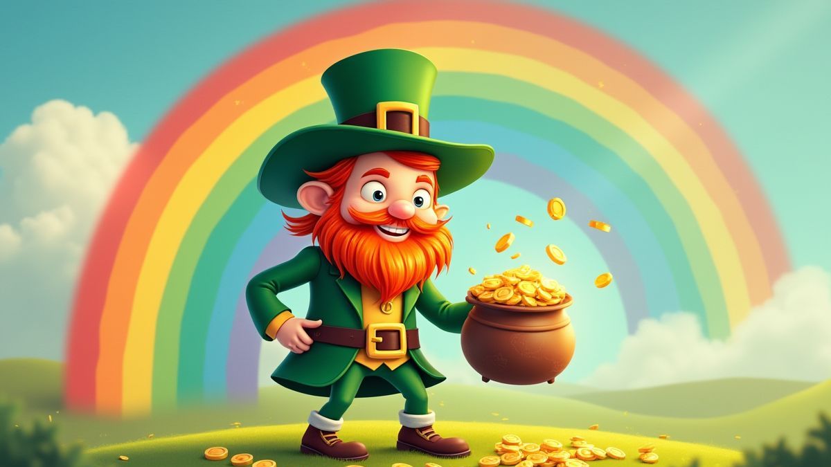 Ein Leprechaun, der einen Goldtopf unter einem Regenbogen hält.