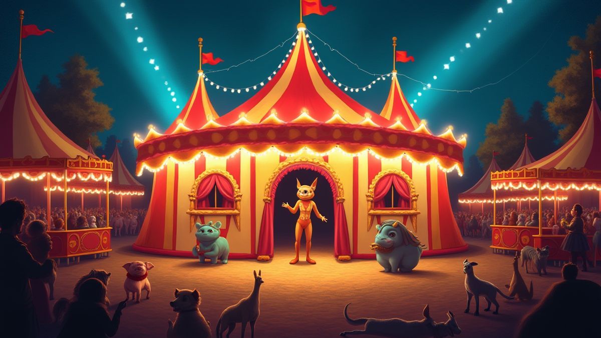 Een kleurrijke circustent met artiesten en dieren onder heldere lichten.