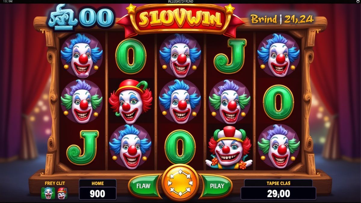 Interface van een gokautomaat met kleurrijke clownsymbolen.