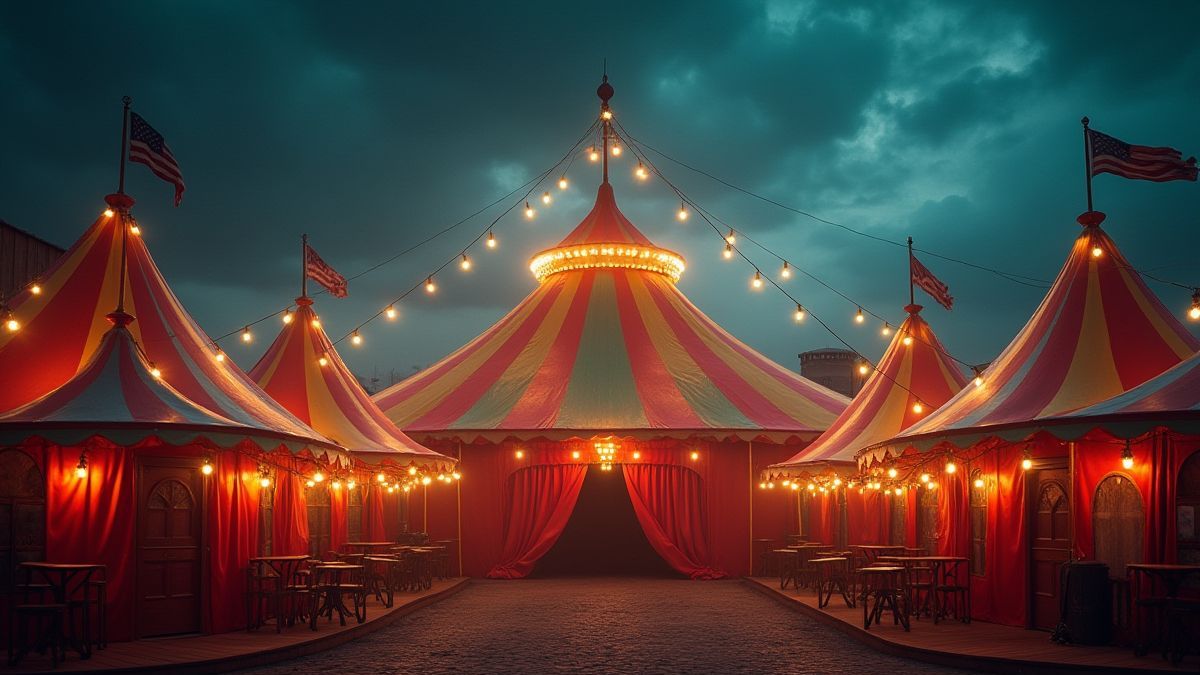 Een vintage circus met kleurrijke tenten en heldere lichten.