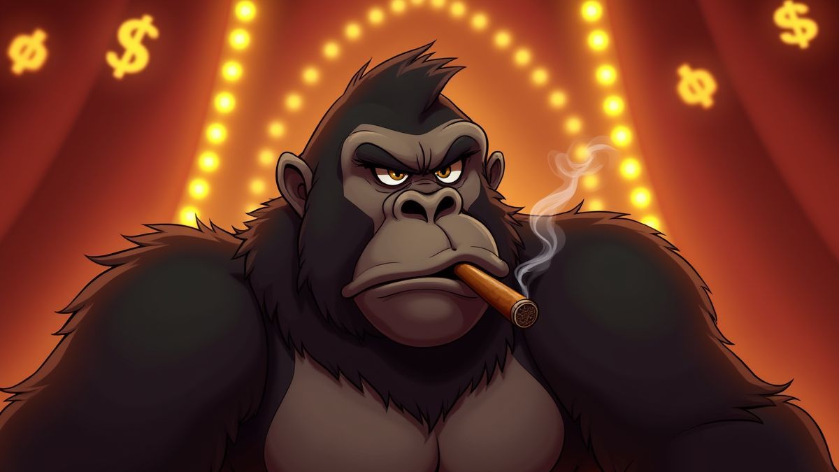 Een cartoonachtige gorilla die een sigaar rookt in een circus, omringd door gouden lichten.