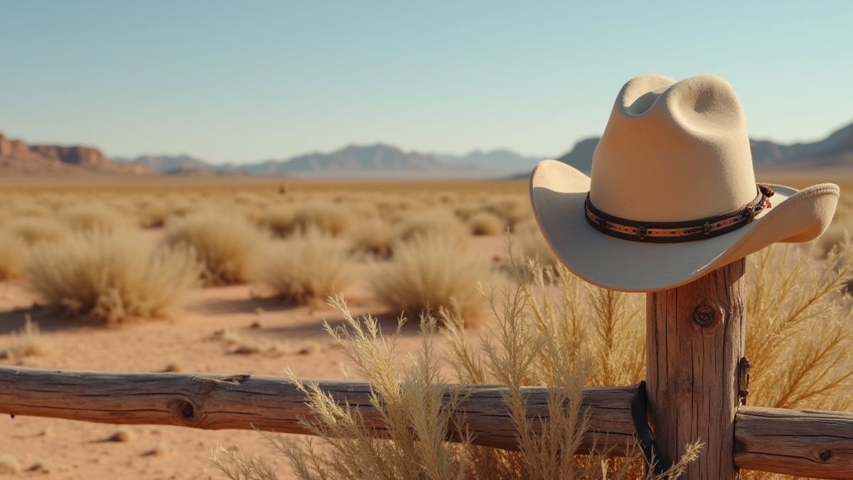 Paysage désertique avec plantes rodantes et un chapeau de cowboy sur une clôture en bois.