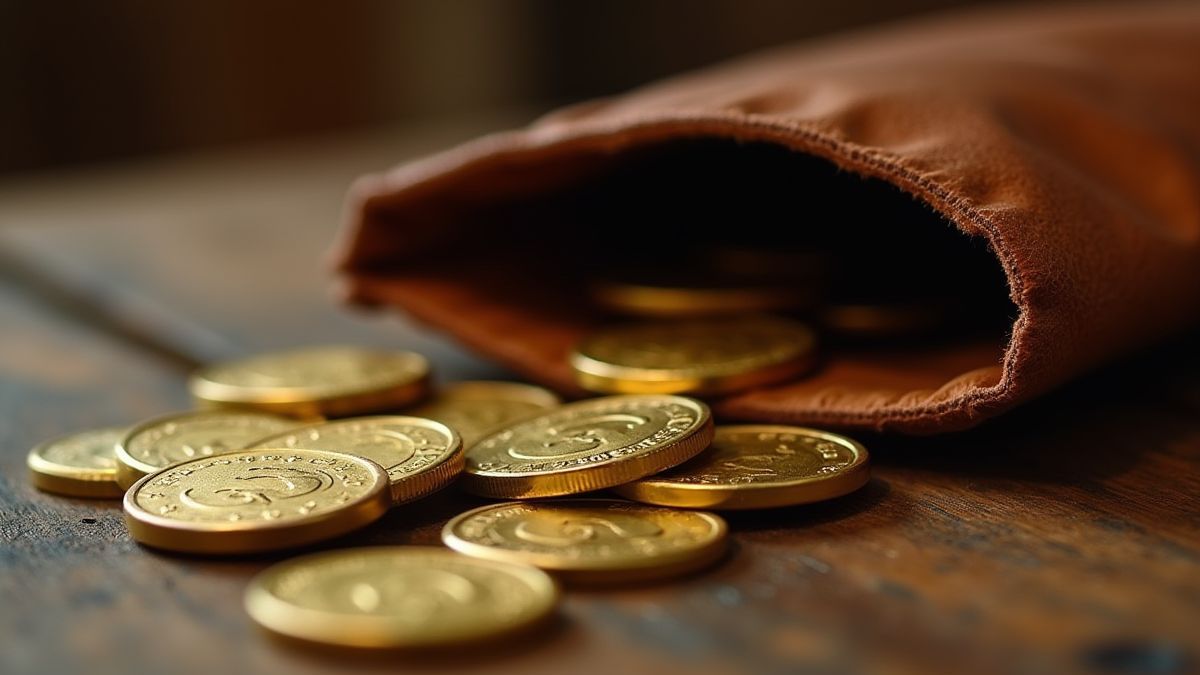 Gros plan de pièces d'or s'écoulant d'une poche en cuir sur une table de saloon en bois.