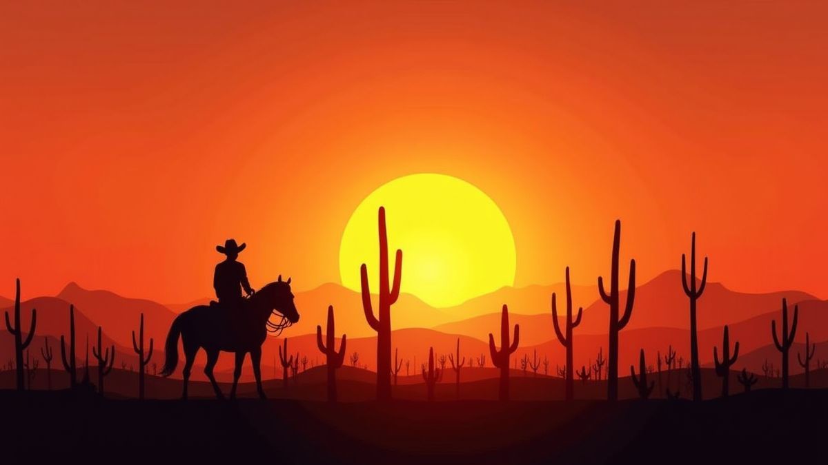Coucher de soleil sur un désert avec des silhouettes de cactus et un cowboy à cheval.