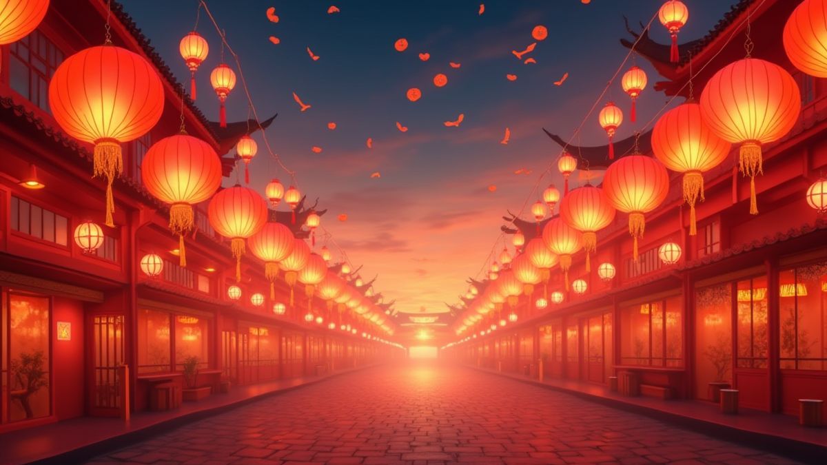 Festival de linternas chinas con colores vibrantes y decoraciones tradicionales.