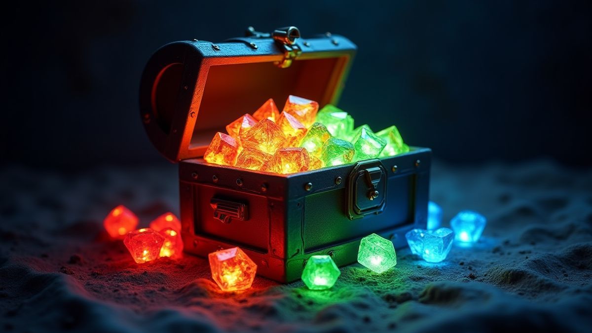 Cofre del tesoro lleno de gemas brillantes en colores rojo, verde y azul.