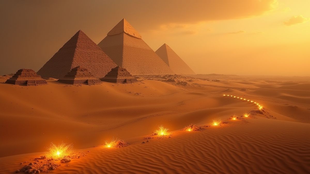 Deserto egípcio com pirâmides e artefatos brilhantes.
