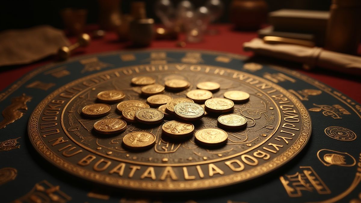Mesa com moedas egípcias e ferramentas de aposta.