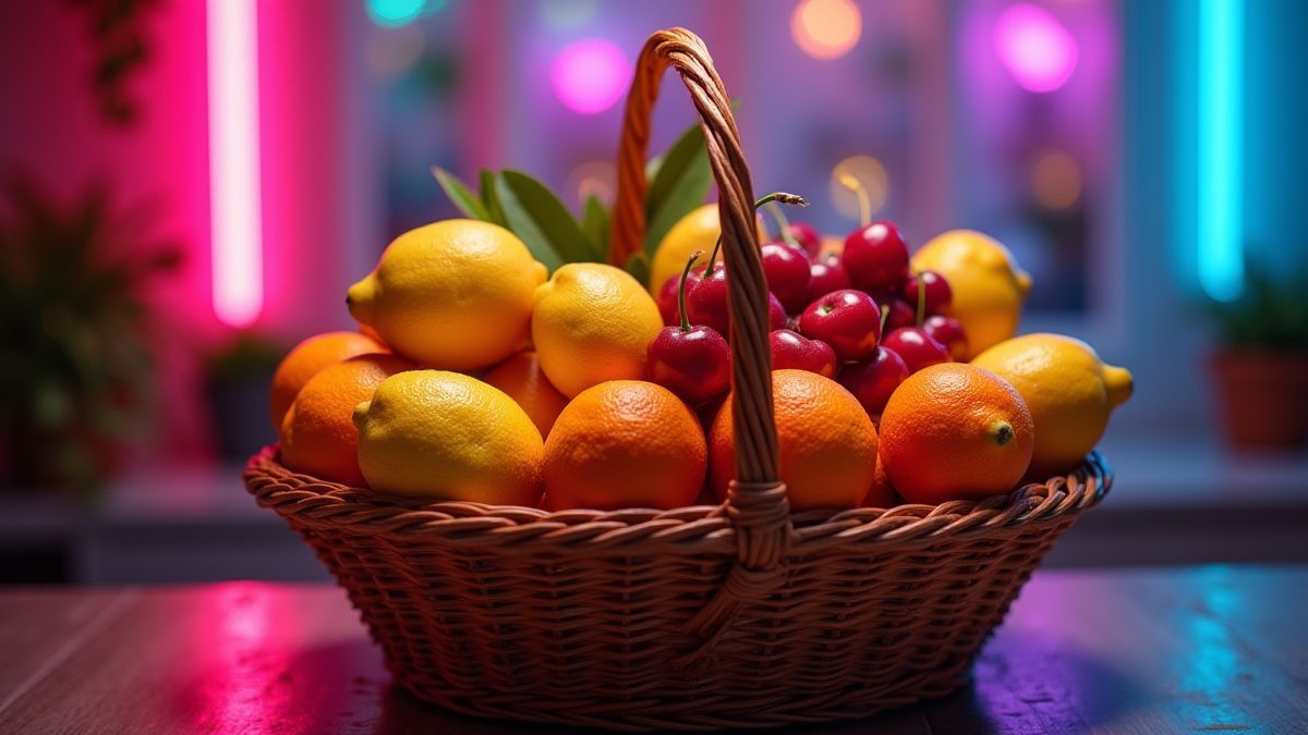Cesta de frutas brillantes bajo luces de neón.