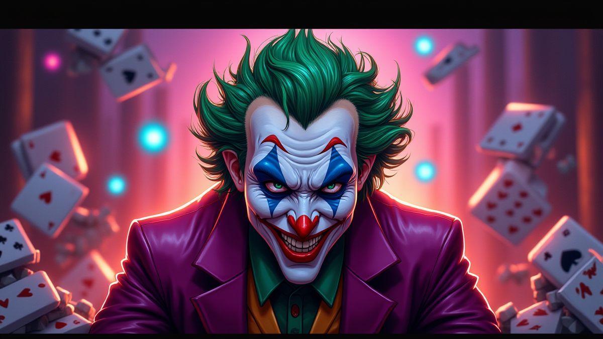 Un personnage de joker entouré de lumières vibrantes et d'éléments de poker