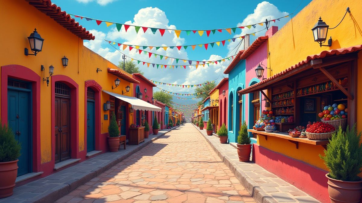 Um povoado mexicano cheio de decorações vibrantes e uma barraca de pimentas.