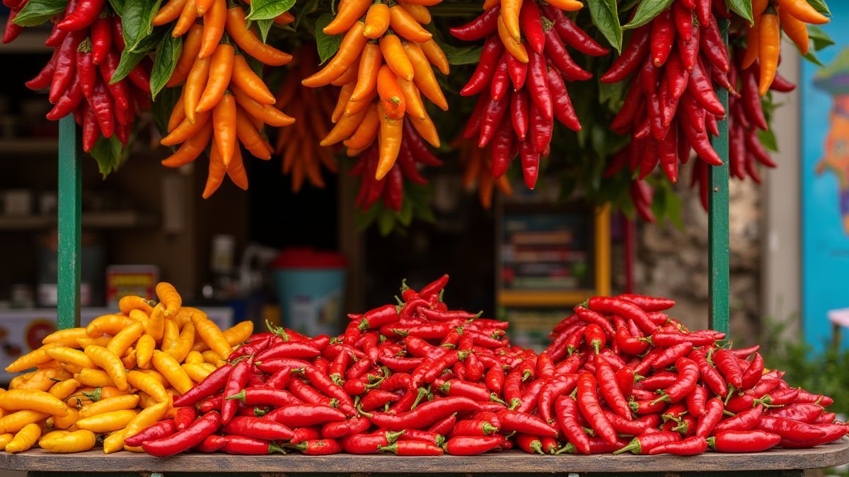 Uma barraca de pimentas coloridas com decorações mexicanas vibrantes.