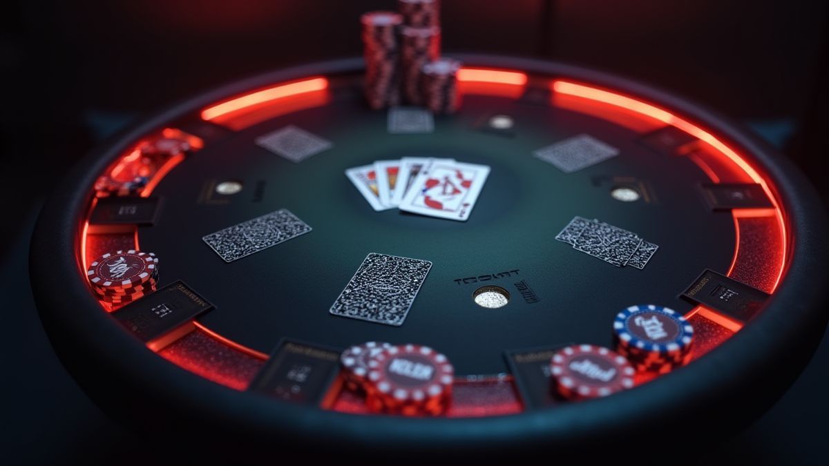 Mesa de poker digital con cartas y fichas.